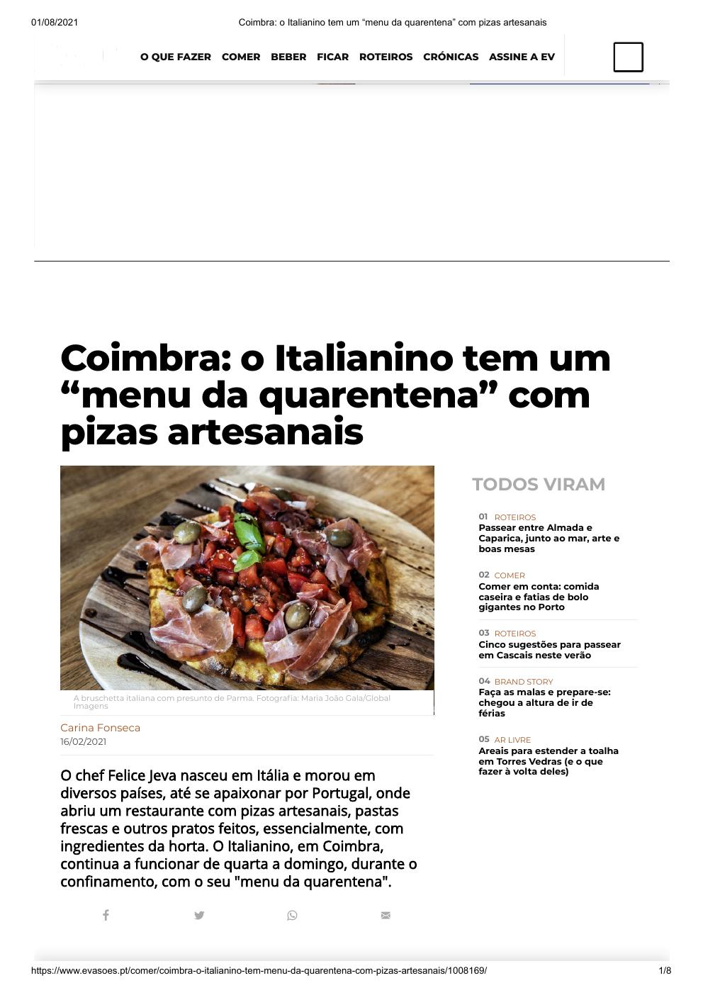 Evas&otilde;es - Italianino tem um menu da quarentena